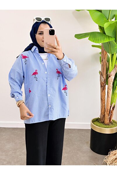 ASEL FASHİON قميص بوبلين مخطط باللون الأزرق - تفاصيل تطريز فيلامينجو