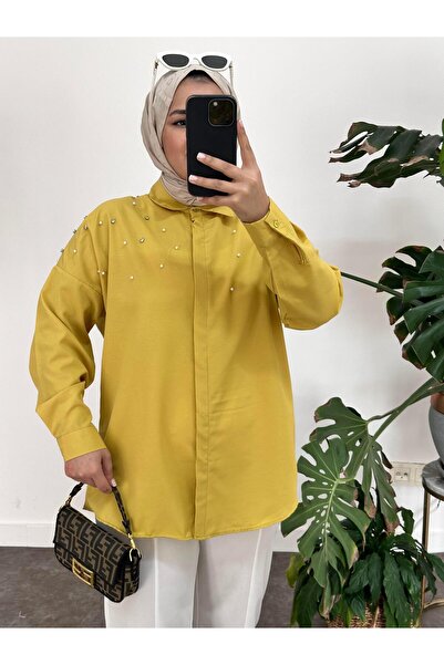 ASEL FASHİON Pearled Jewelled Woven Shirt Yellow