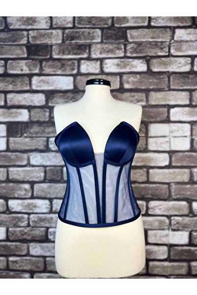 Metay Design Transparan Tül Korse Büstiyer Kedi Kulağı Model - Lacivert