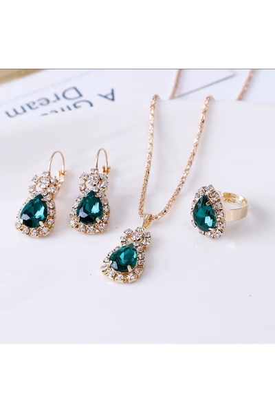Şirin Rhinestone Takı Seti - Su Damlası Küpeler, Kolye ve Yüzük