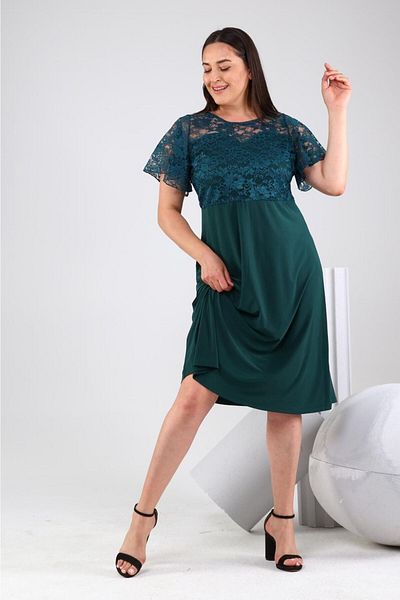 Şirin Butik Γυναικείο Πράσινο Δαντελένιο Λεπτομερές Φόρεμα Sandy Fabric Plus Size