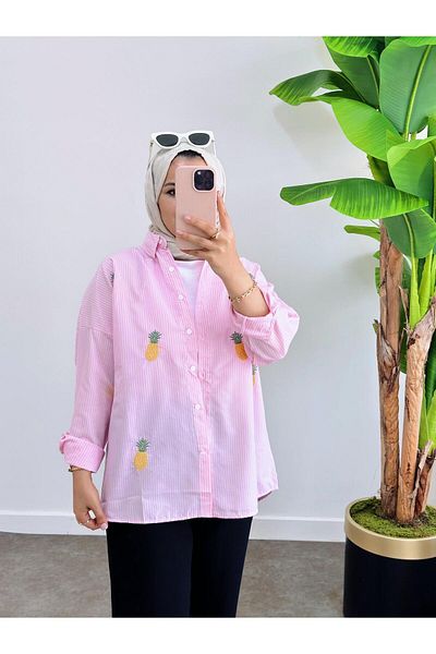 ASEL FASHİON Cămașă Poplin cu dungi roz - Brodat Ananas