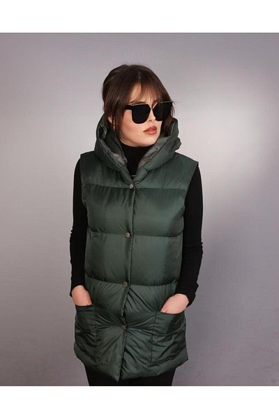 ÖNDER MODA Women's Green Water and Windproof Oversize Hooded Seasonal Puffer Vest - 97_YLK