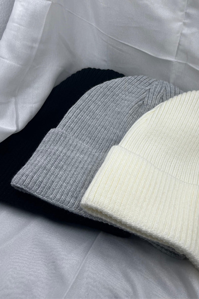 KISCHE 3 Adet Erkek Ve Kadın Yumuşak Dokulu Kışlık Fitilli Siyah Beyaz Gri Rengi Bere Set