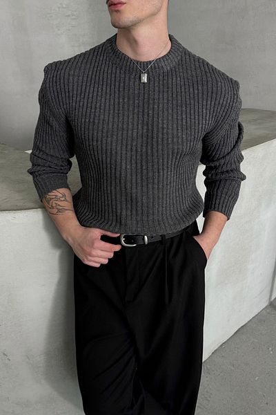 HYMAN Ανδρικό πλεκτό πουλόβερ oversize με ραβδώσεις