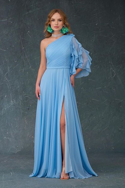 Carmen Rochie de seara din sifon albastru cu maneca singura