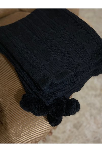 YGT Home Derya 10 Pompom Knitted Tv Blanket Black 130X170