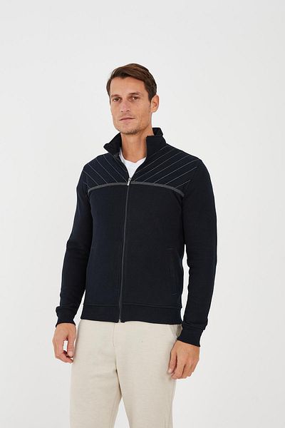 Maccali Men's Echowave Striped Stand Collar Zip-Up Solid Navy Blue Sweatshirt