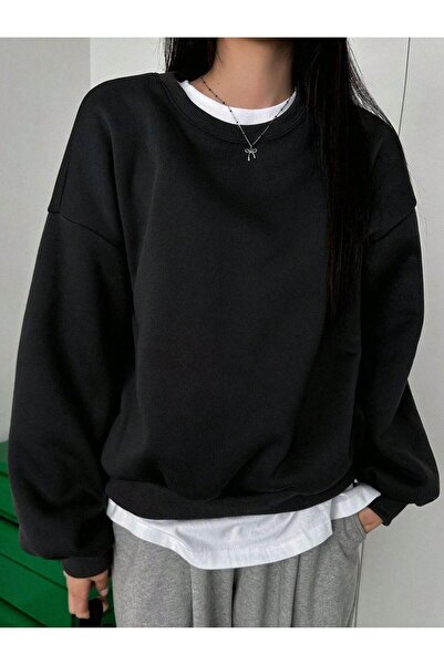 Butik Coool Oversize Fit Geniş Kalıp Bisiklet Yaka Basic Düz Kalın Kumaş Swea...