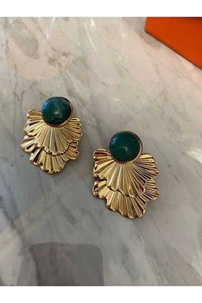 Niceboutique Taşlı Gold Plaka Yaprak Küpe