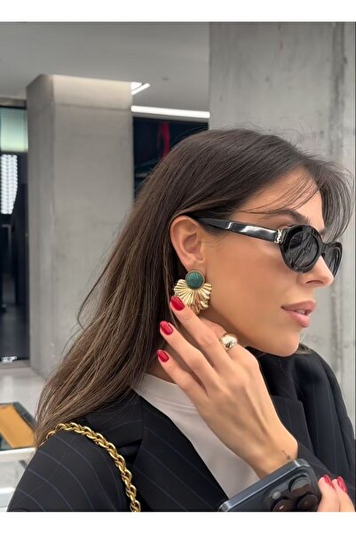 Niceboutique Taşlı Gold Plaka Yaprak Küpe