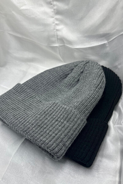 KISCHE 2 Pieces Men's and Women's Soft Textured Corded Winter Black Smoked Color Beret Set