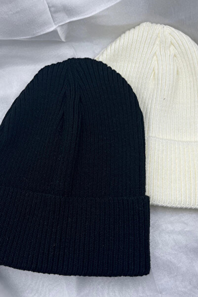 KISCHE 2 Pieces Men's and Women's Soft Textured Ribbed Winter Black and White Beret Set