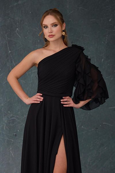 Carmen Black One Sleeve Slit Chiffon Evening Dress