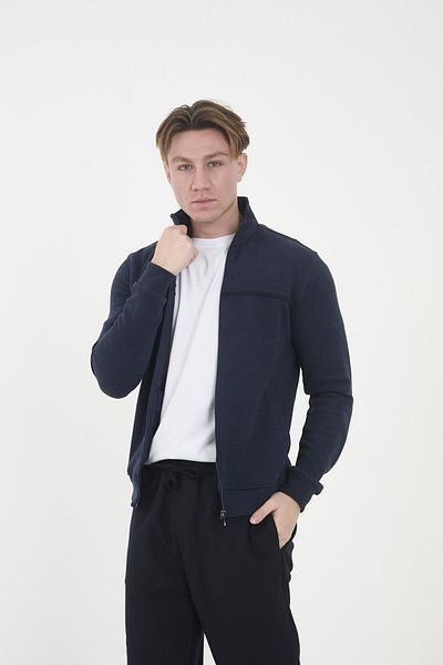 Maccali Men's Echowave Striped Stand Collar Zip-Up Plain Blue Sweatshirt