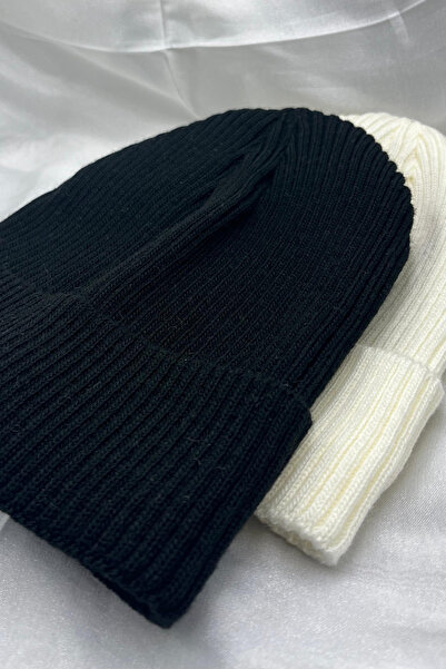 KISCHE 2 Pieces Men's and Women's Soft Textured Ribbed Winter Black and White Beret Set