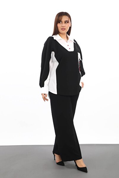 Zer Otantik Shirt Collar Plus Size Tunic Black-White