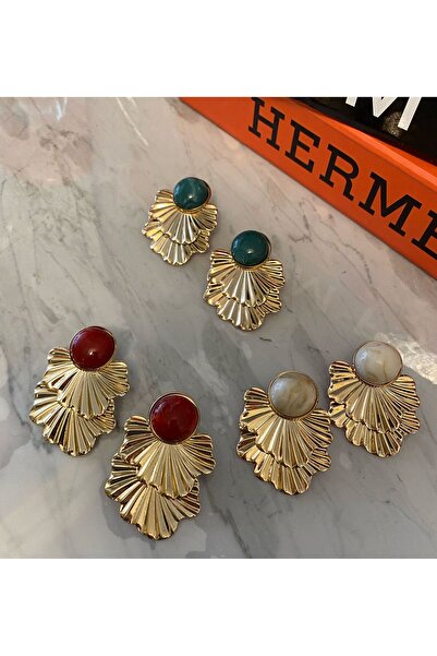 Niceboutique Taşlı Gold Plaka Yaprak Küpe