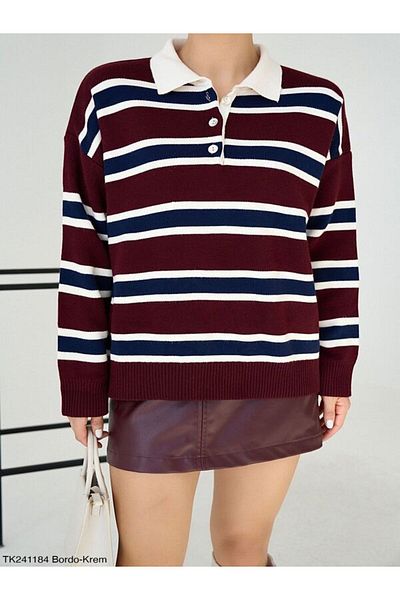 Qu Style Polo Collar Patterned Knitwear Sweater