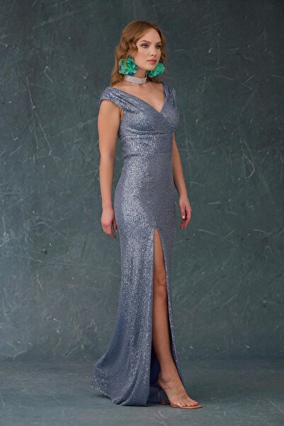 Carmen İndigo Yırtmaçlı Payet Abiye Elbise