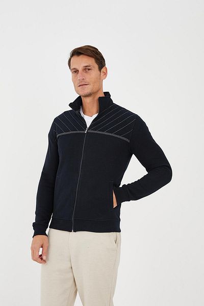 Maccali Men's Echowave Striped Stand Collar Zip-Up Solid Navy Blue Sweatshirt