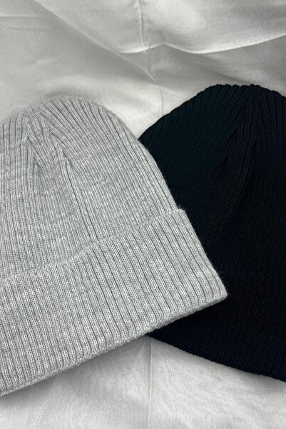 KISCHE 2 Adet Erkek Ve Kadın Yumuşak Dokulu Fitilli Kışlık Siyah Gri Rengi Bere Set