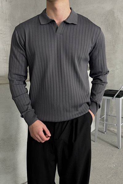 HYMAN Men's Polo Collar Ribbed Oversize Knitwear Sweater