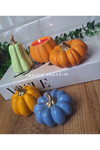 TARÇIN TASARIM 5'li Balkabağı Dekor,beton Kabak Obje,süs Dekorasyon Gold Sapl...