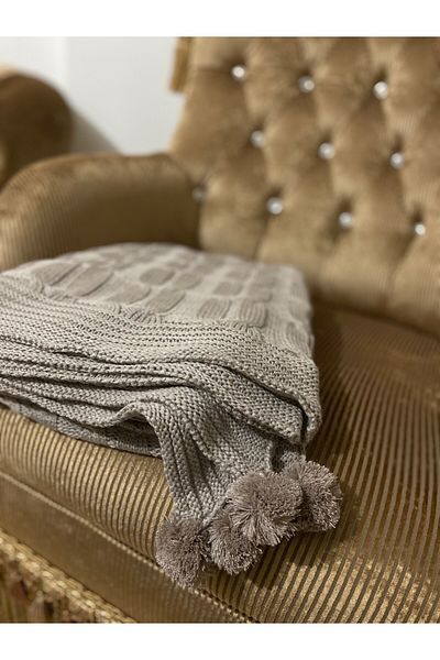 YGT Home Begonia Mink Knitwear Tv Blanket - 4 Pompom Knitted, 130X170 Knee Blanket, Sofa Shawl