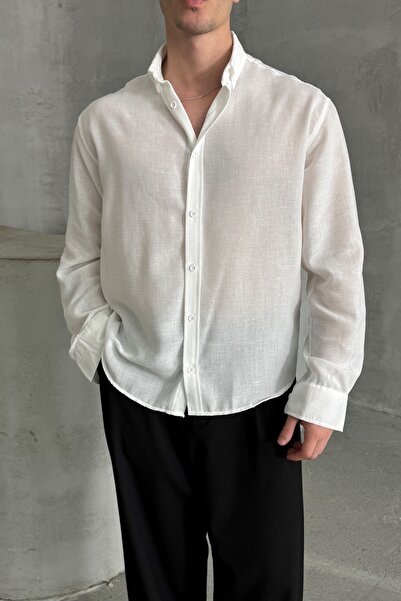 HYMAN Erkek Oversize Kesim Keten Görünümlü Gömlek