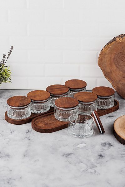 LUX ET AMOR 10 Pieces Wooden Vacuum Lid Glass Breakfast Multi-Purpose Glass Snack Bowl with Tray 235ml