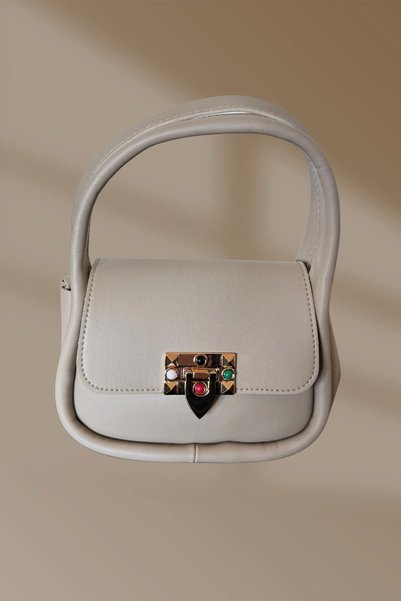 shoecide Clip Zippered Stone Detailed Beige Women's Hand and Shoulder Bag