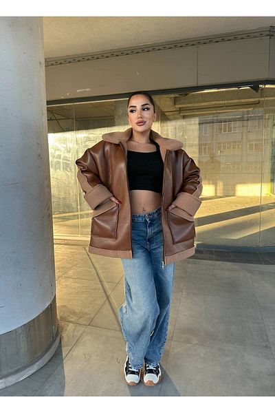 SennaStore Leather Coat with Sleeves and Pocket Detail