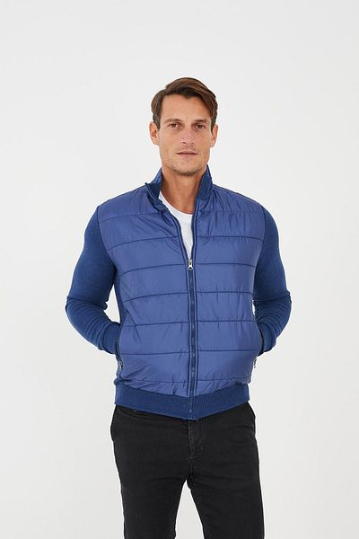 Maccali Men's Comfygrid Stand Collar Basic Winter Zip Blue Sweatshirt