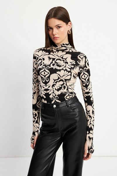 Bipantolon Body de damă, bej, vintage, cu model, cu detaliu cu degetul negru