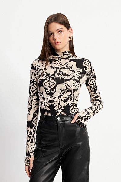 Bipantolon Body de damă, bej, vintage, cu model, cu detaliu cu degetul negru