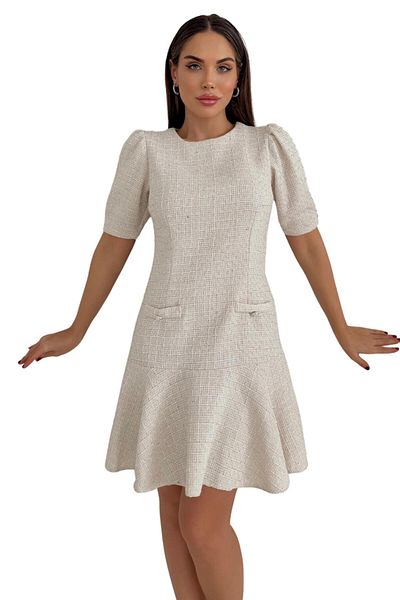 Moda Amore Γυναικείο φόρεμα Midi από ύφασμα Tweed - Κοντό μανίκι και λεπτομέρεια τσέπης 029