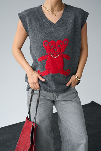 LOOSH Kadın V Yaka Antrasit Bear ve Taş İşlemeli Süveter
