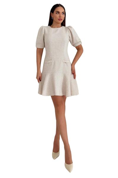 Moda Amore Tüvit Kumaş Kadın Elbise - Kısa Kol Midi Boy  Cep Detaylı 029