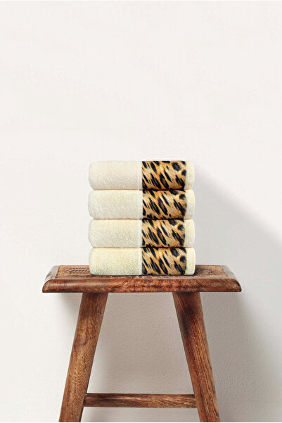 Ellaline 4-Piece Leopard Towel Set 100% Cotton Certified, Hand / Face / Kitchen Towel 50X90Cm - Cream