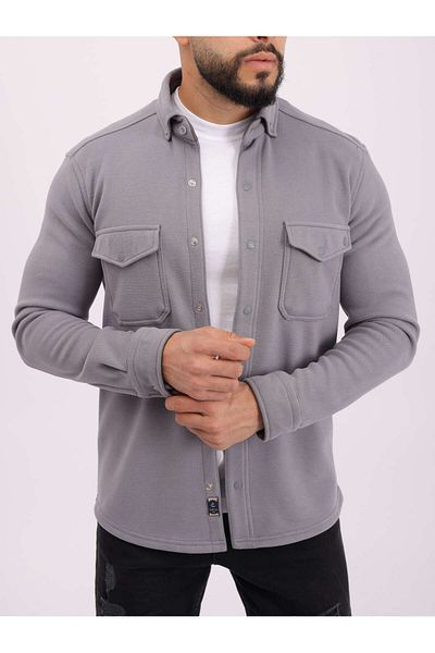 cliento Men's Gray Regular Fit Lycra Fleece Inside (Woolen) High Quality Pocket Fleece Shirt