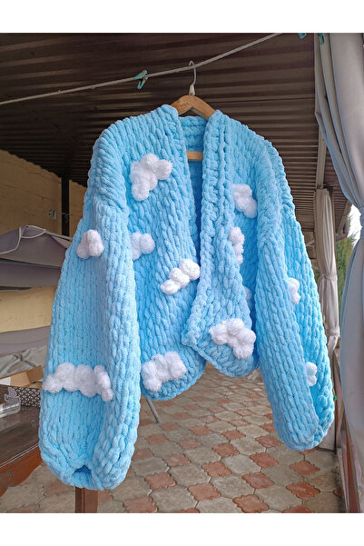 Okozturk Mavi Bulutlu El Örgüsü Puffy Hırka & Kalın Hırka & Pinterest Hırka & Crop Hırka
