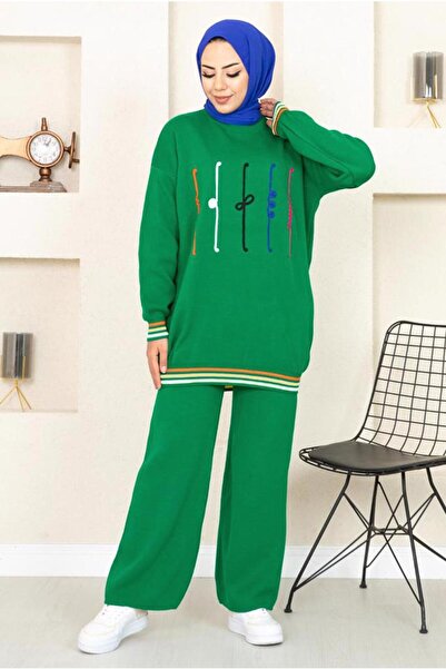 TRENDTESETTÜR Γυναικείο Πράσινο (benetton) Πλεκτό Παντελόνι Σετ με Ριμπ 6922