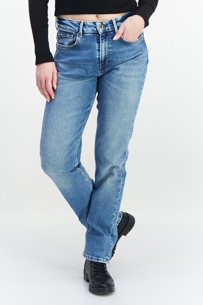 Pepe Jeans Kadın Düz Kesim Yüksek Bel Yıkanmış Esnek Kot Pantolon, Mavi