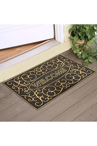 BirceHome Dekoratif Welcome Gold Sarmaşık Desenli  Kaymaz Kalın Kapı Önü Paspası