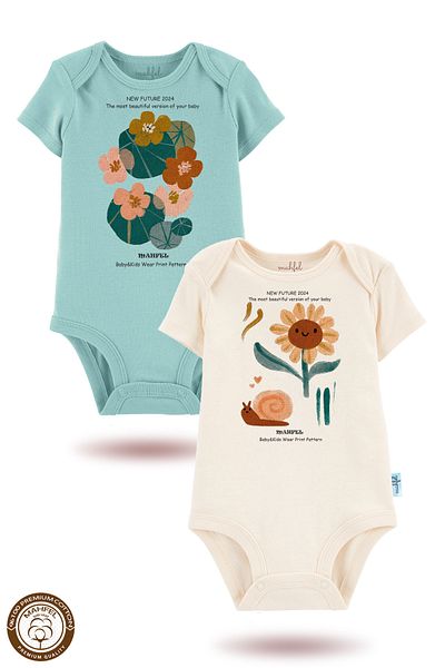 MAHFEL 2-Piece 100% Cotton Organic Printed Snap Fastener Baby Bodysuit