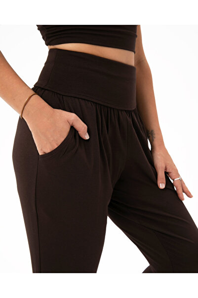 Ayma Active Women's High Waist Pocket Brown Comfort Trousers - Skinny Leg