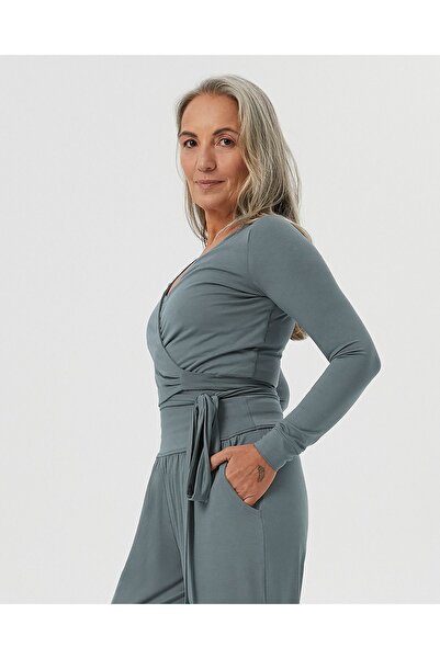 Ayma Active Blue Gray Wrap Waist Crop Blouse