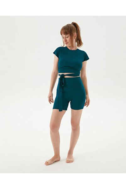 Ayma Active Petrol Back Low-cut Drape Detailed Crop Short Sleeve Blouse