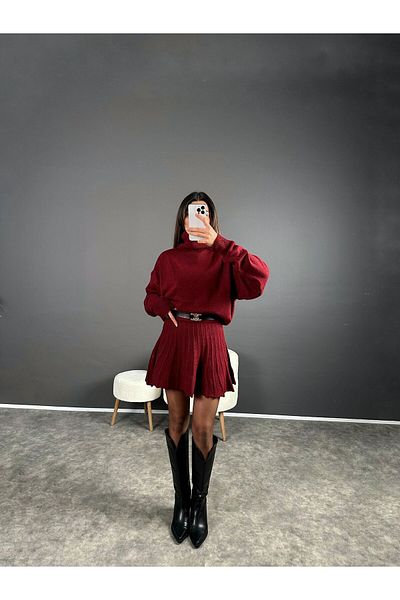 MODA Women's Skirt Pleated Turtleneck Bone Knitwear Set with Skirts